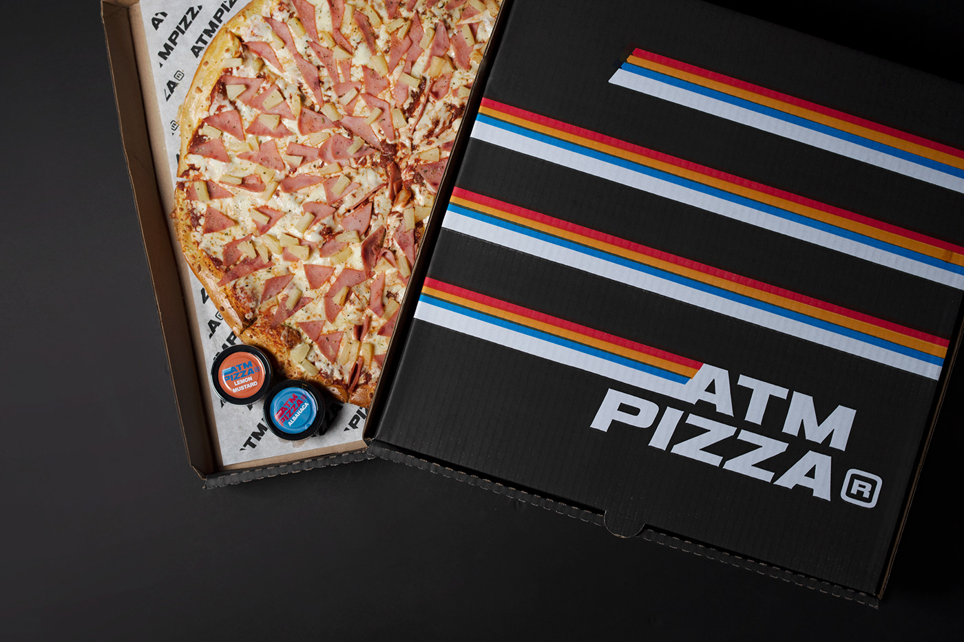 80s black bold box delivery Food  neon Pizza poster stripes