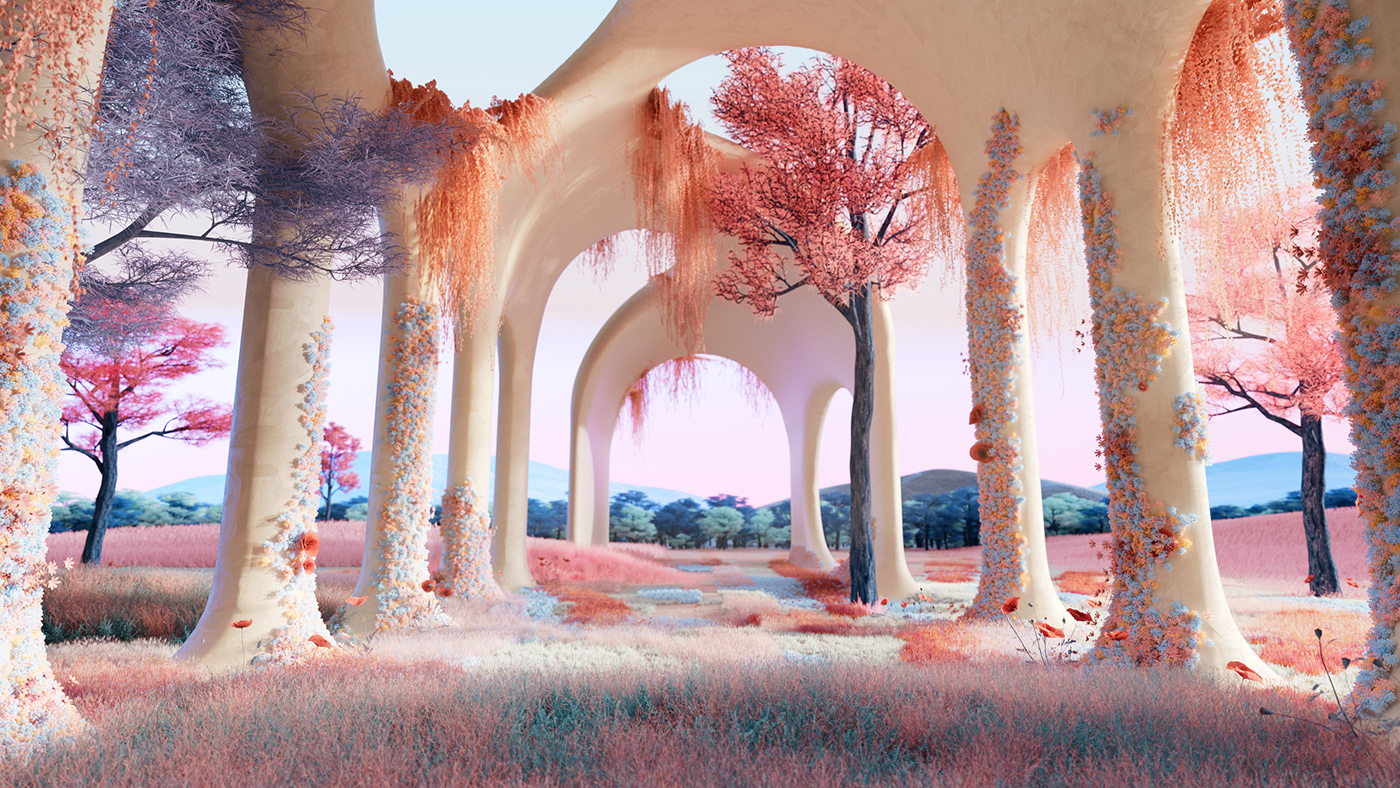 colorful CGI environment Landscape 3D Flowers Nature background wallpaper