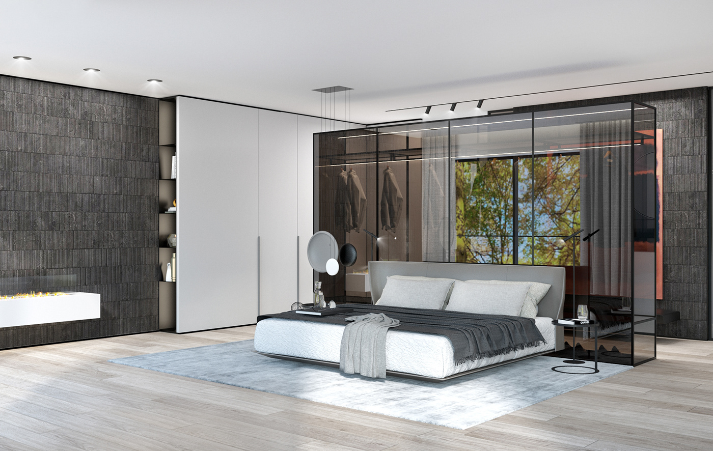 luxuryapartment modern flat bedroom minimalistic b&bitalia vibia Flos fireplace rimadesio