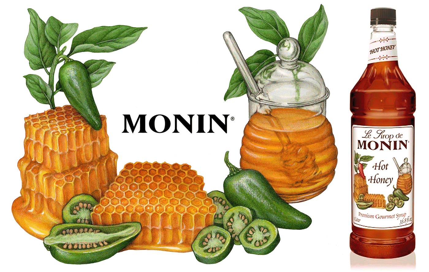 Realistic illustration of honey and jalapeno peppers used on packaging for Monin Hot Honey Syrup.
