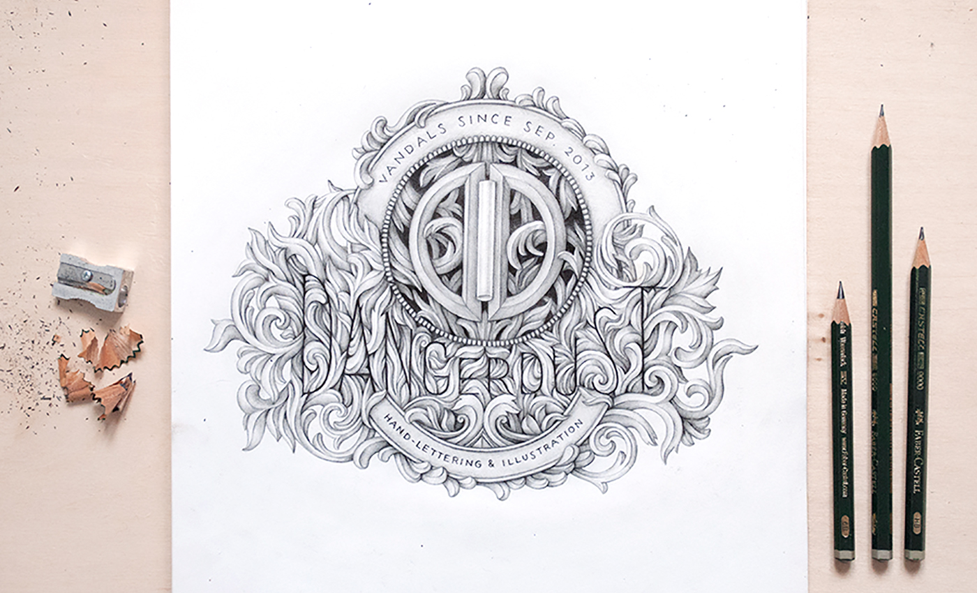 brandiing logo dangerdust pencil sketch graphite ornate crest emblem