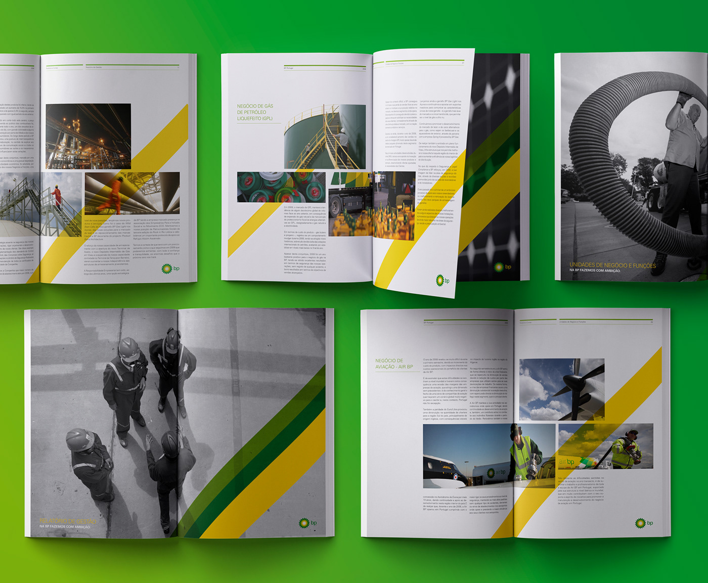 bp green yellow ANNUAL report design Layout graphic diagonal editorial