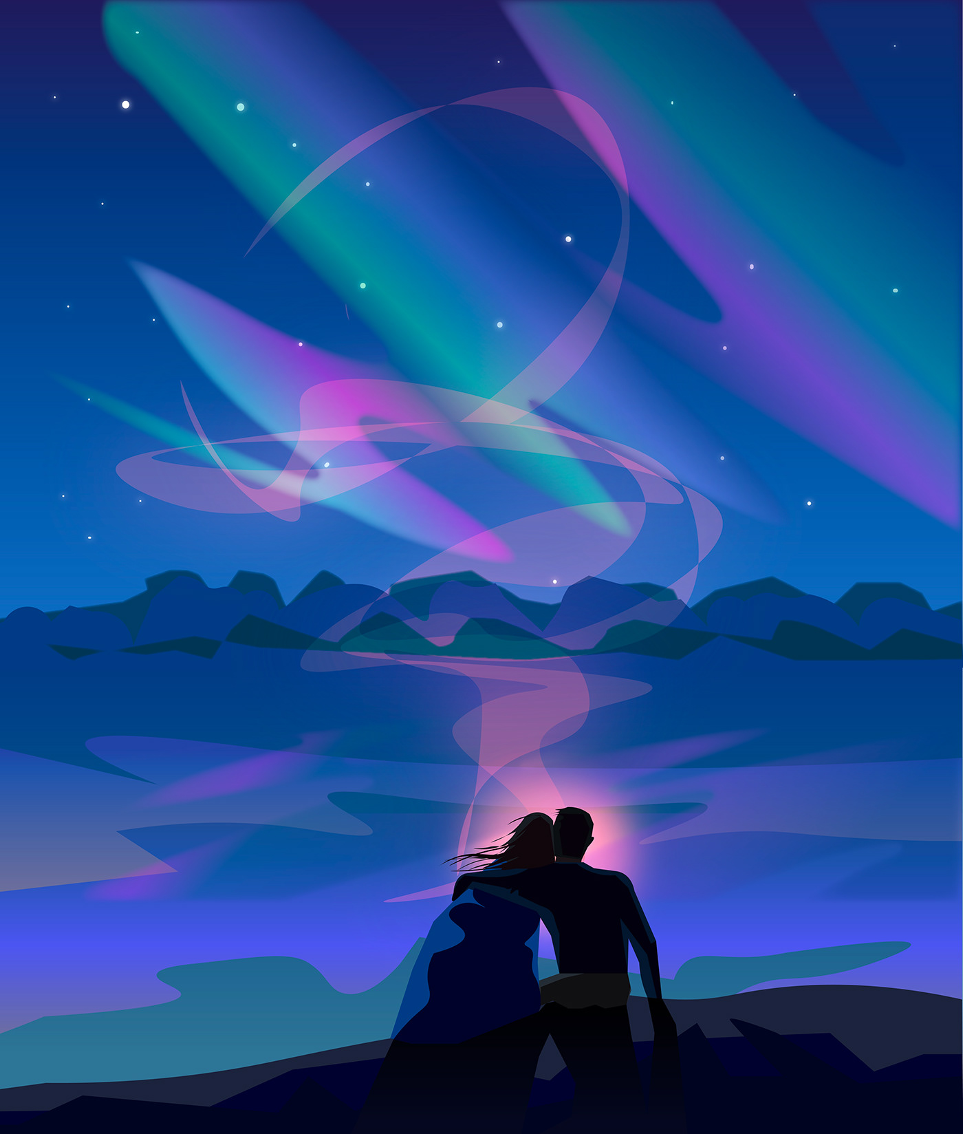 vector Love Evening together romantic Northern Lights lights stars