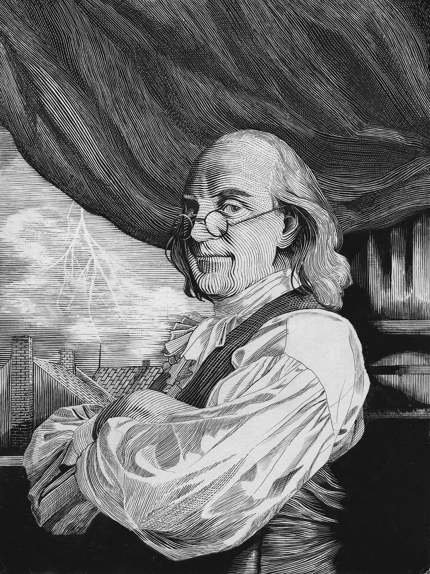 Benjamin Franklin black and white clayboard Drawing  engraving hand drawn line art pen and ink scratchboard woodcut