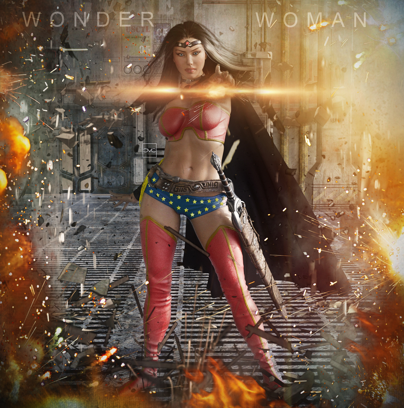 daz3d Genesis 3 Female wonder woman explosions fire costume femme sexy photomontage Digital Art 