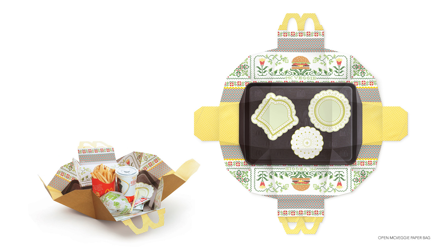 McDonalds MaharajaMac McChicken happymeal McVeggie burger Food  Tablecloth Embroidery patchwork cross stitch package design 