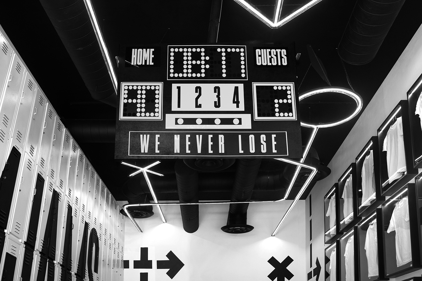 architecture store Retail design leds streetwear scoreboard tshirts concreate lockers