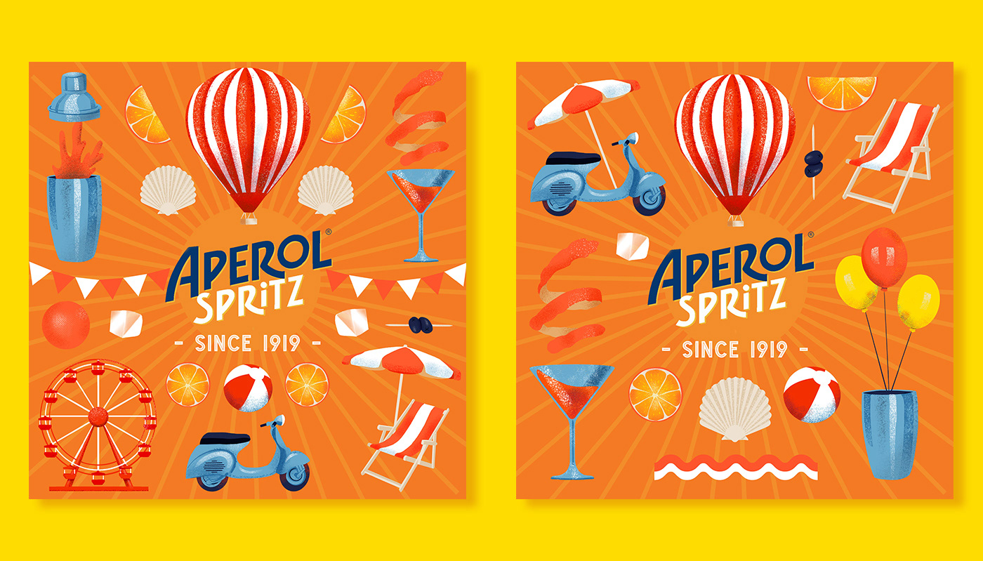 social post for aperol, it contains the logo and few elements representing summer, party and italy