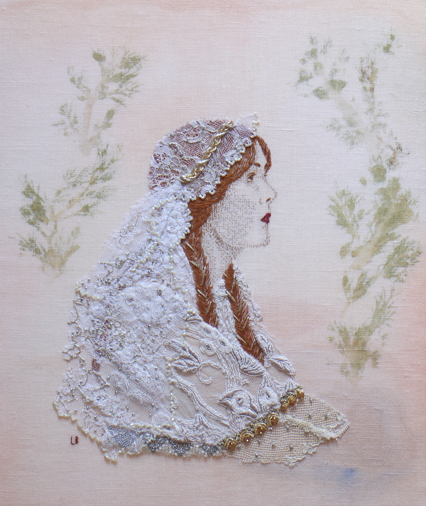 Embroidery hand embroidery textile art portrait bride art Needlework thread painting sewing art art embroidery