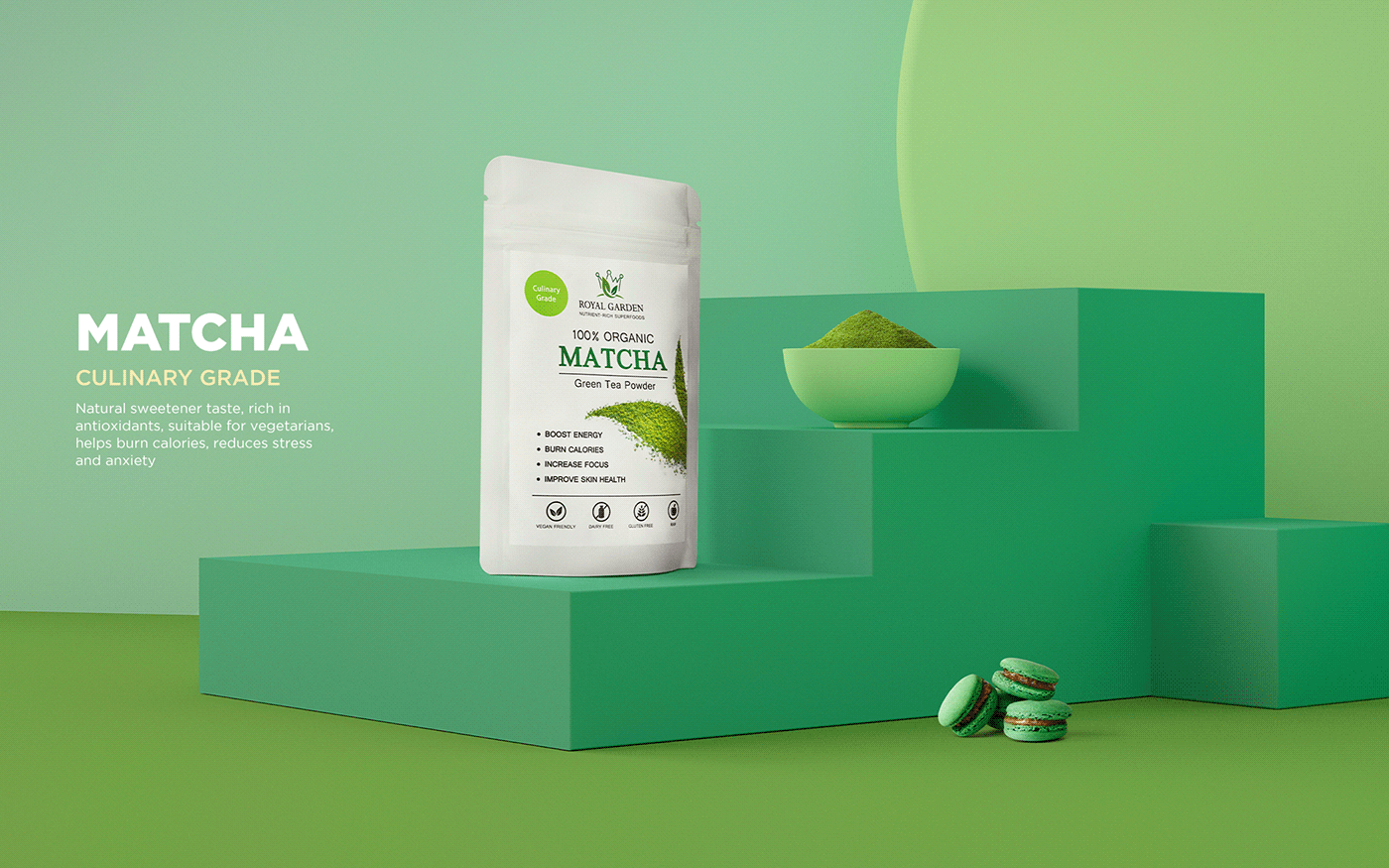 3D Advertising  c4d healty matcha natural Packaging Photography  Photoshoot direction superfood