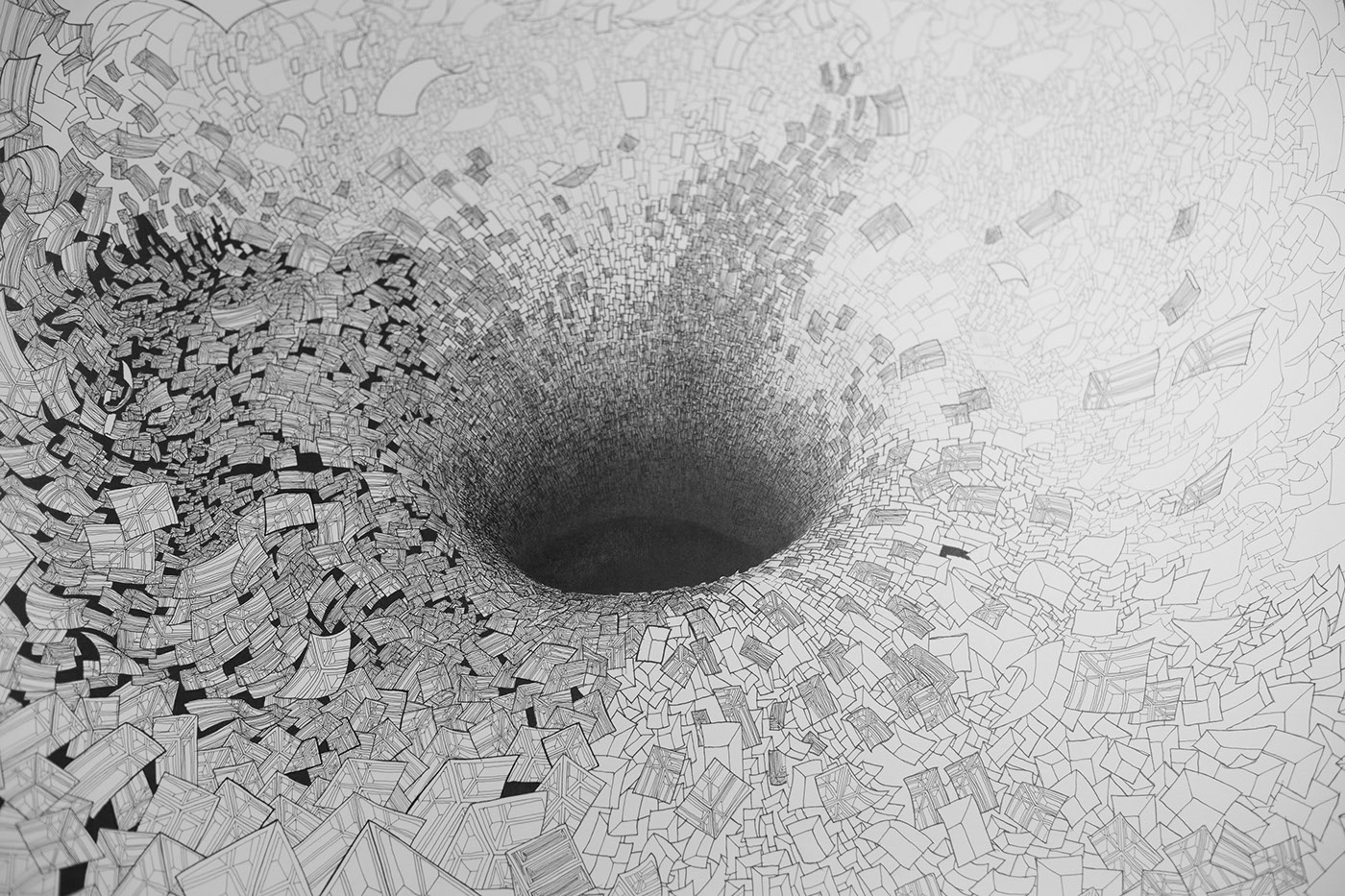 B&W drawing encre de chine marqueur trou noir black hole crazy drawing paper noir et blanc Nils Wachten chinese ink drawing