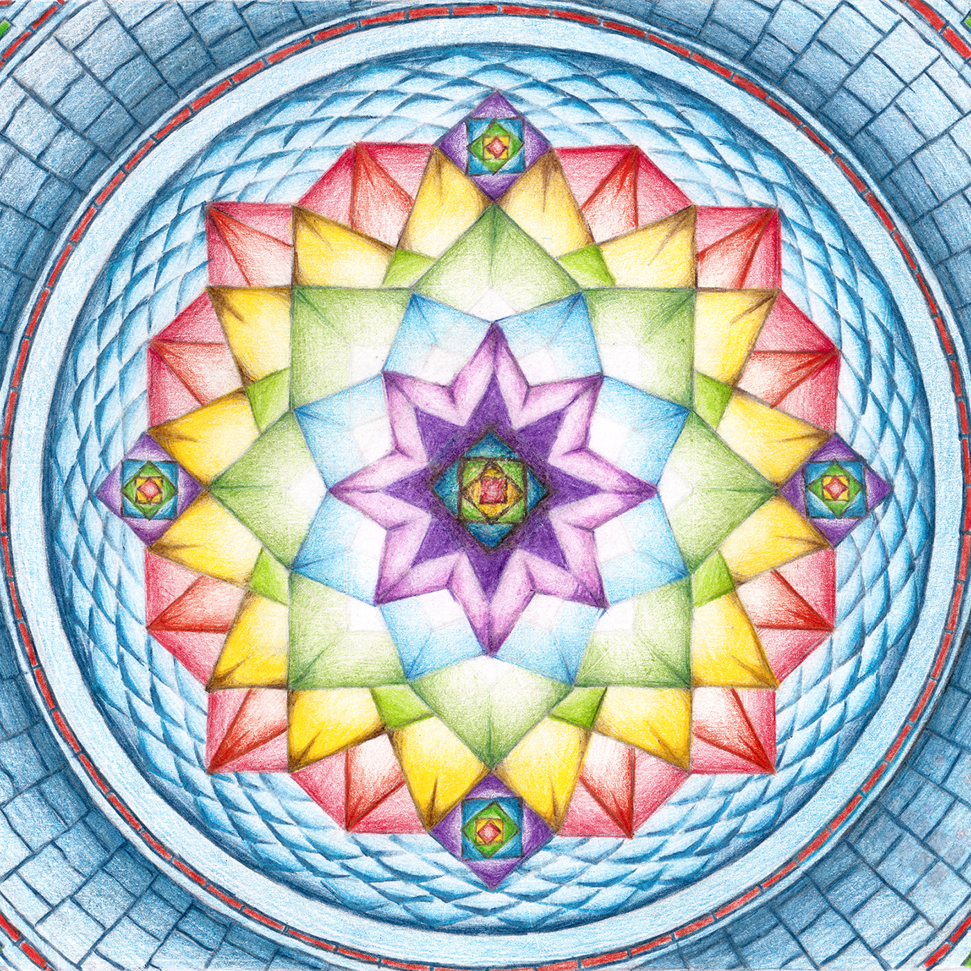 color pencil Mandala meditation triangle hexagon geometry symetry floral mind psychedelic