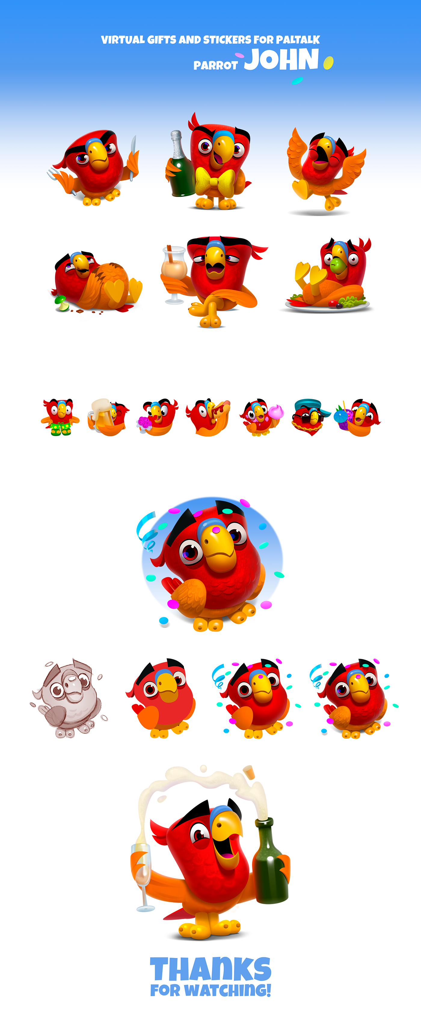 parrot sticker gift Character bird cartoon emotions ILLUSTRATION  red animal