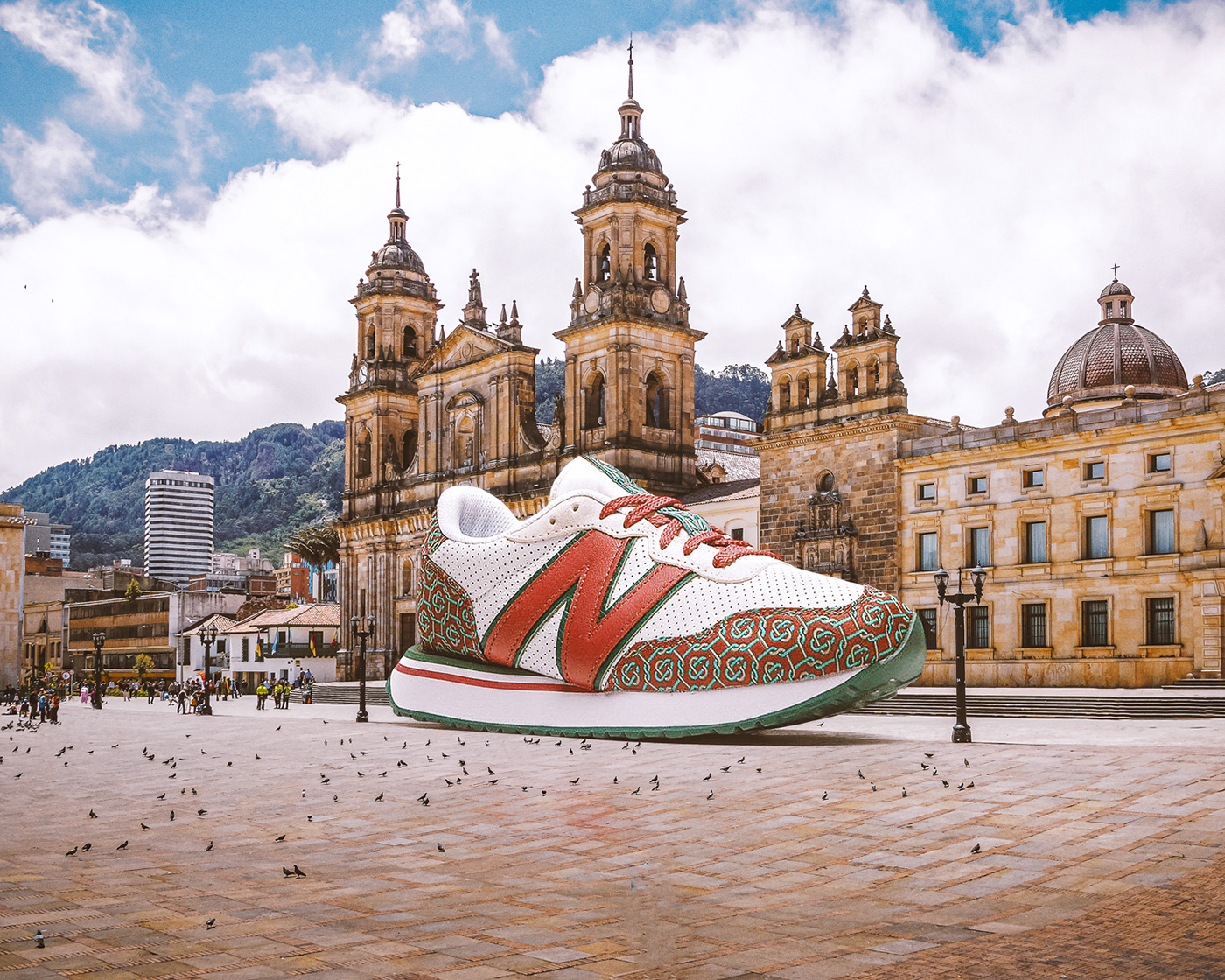 Photo composite of giant New Balance sneaker in Colombia. Retouching using Photoshop