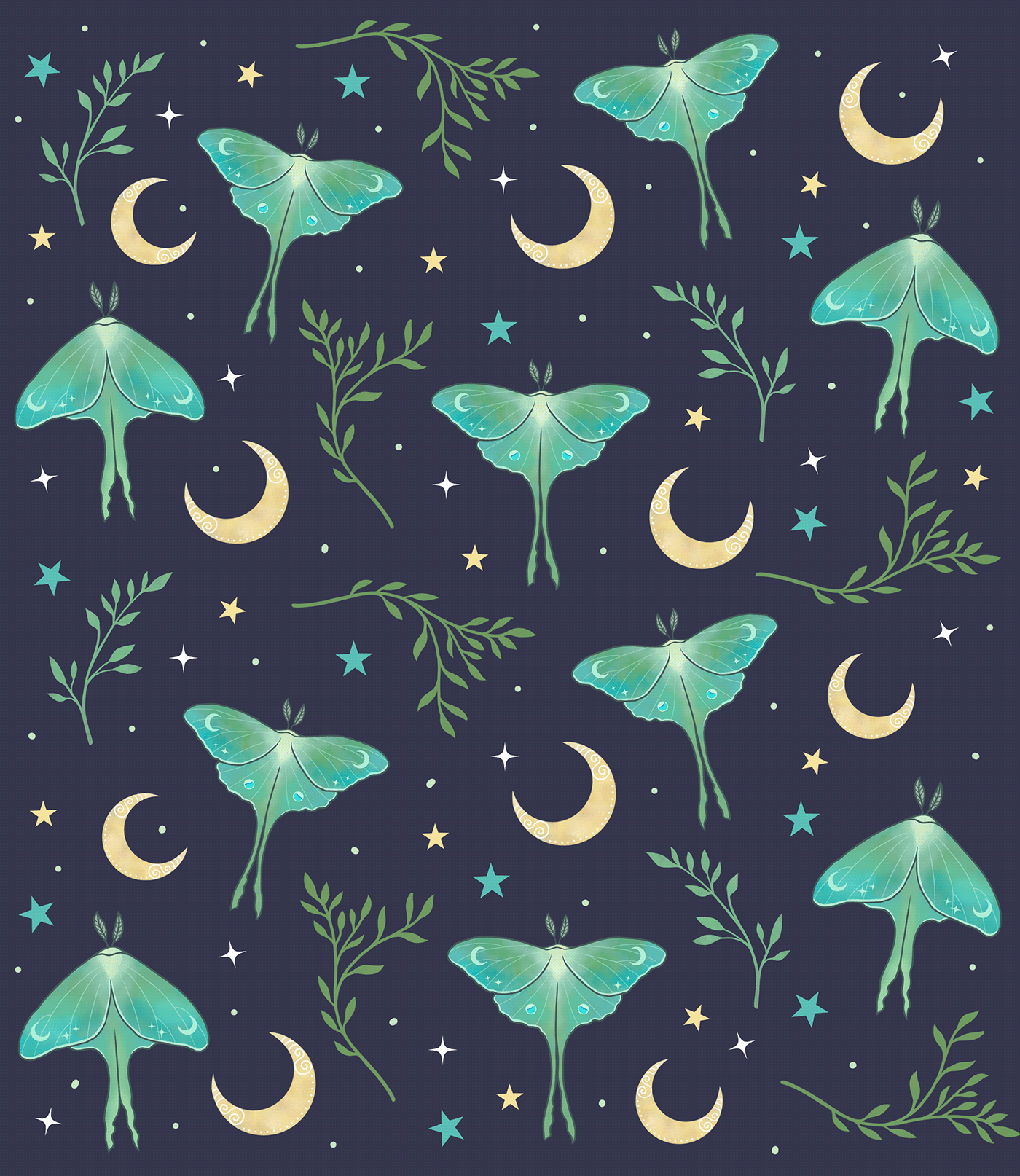 Surface Pattern moths moons stars pattern design  green blue graphic design  deisgner Witchy
