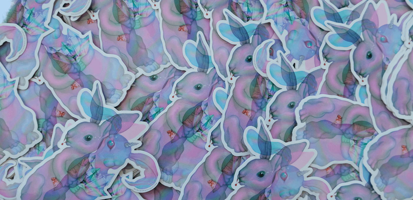 bunny Character design  Fungi holographic iridescent mushroom psychodelic rabbit shrooms unicorn