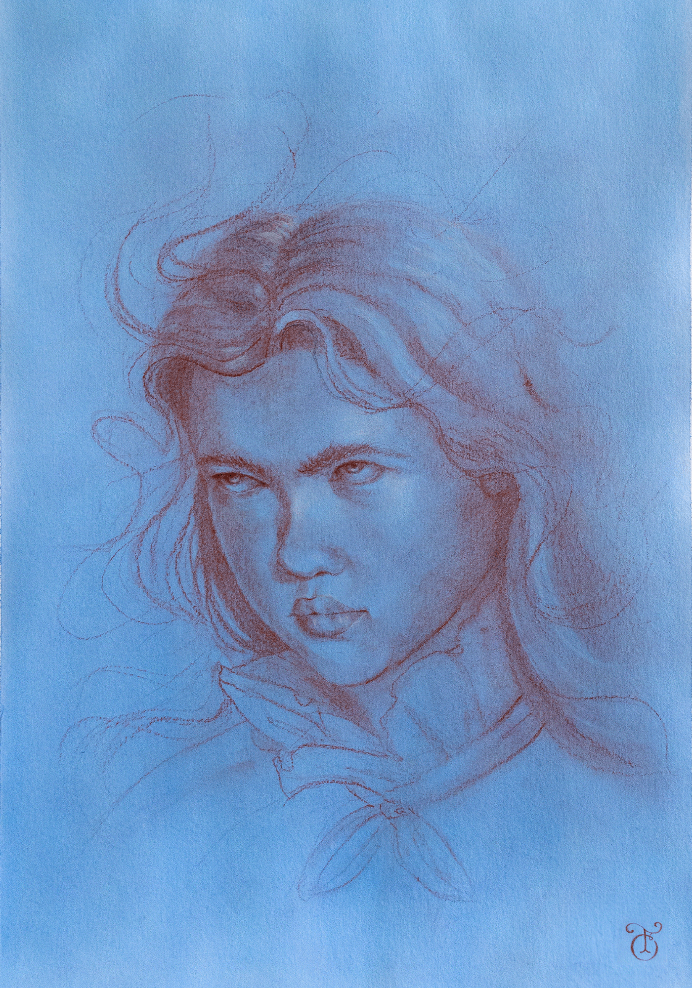 Drawing  portrait sanguine TRADITIONAL ART Classic atrwork pecil drawing whit charcoal pincel
