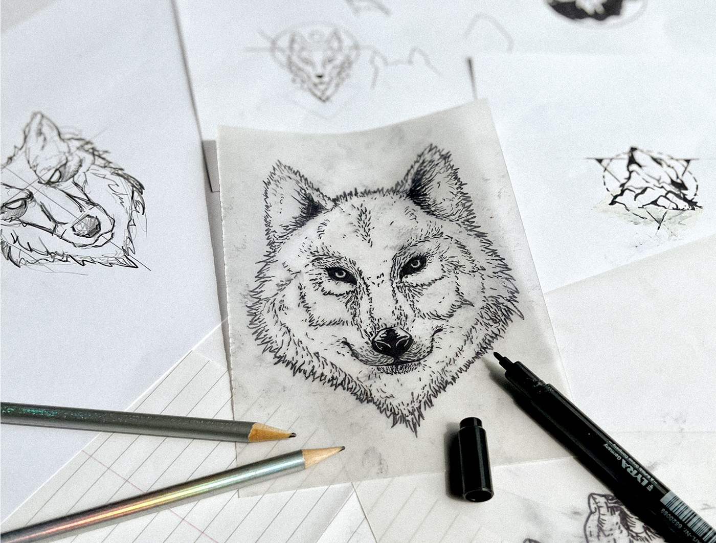 artwork branding  logo Logo Design sketch wolf