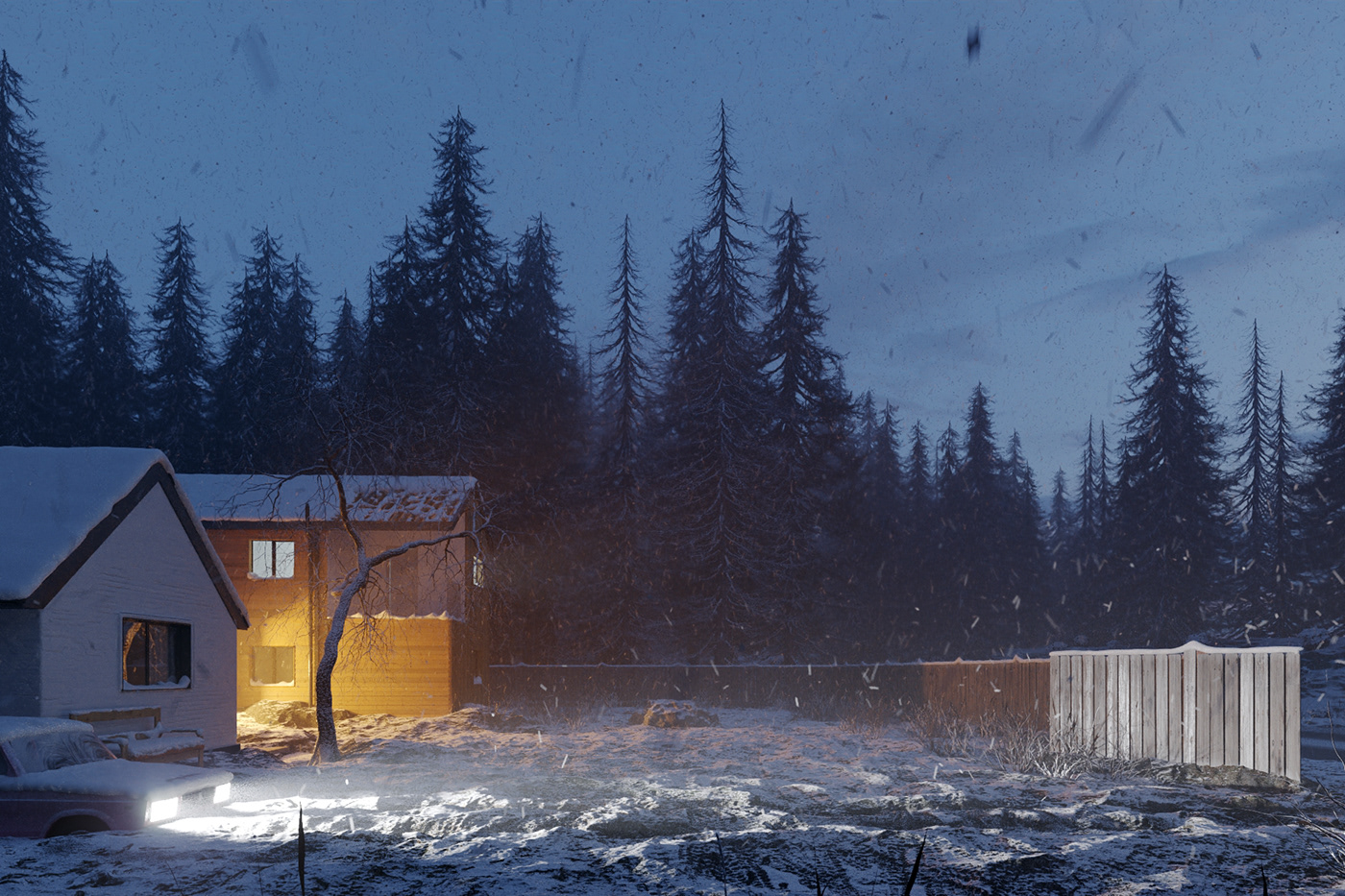 3ds max archviz CGI corona house Landscape snow trees visualization winter