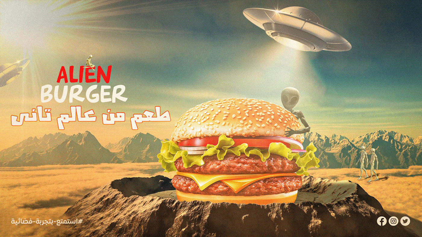 restaurant Social media post Advertising  Socialmedia ads burger alien photoshop design Fast food