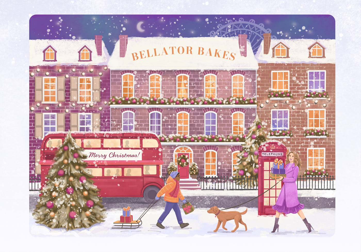 Christmas packaging illustration of London, United Kingdom
For bakery, chocolate and cookies shop
