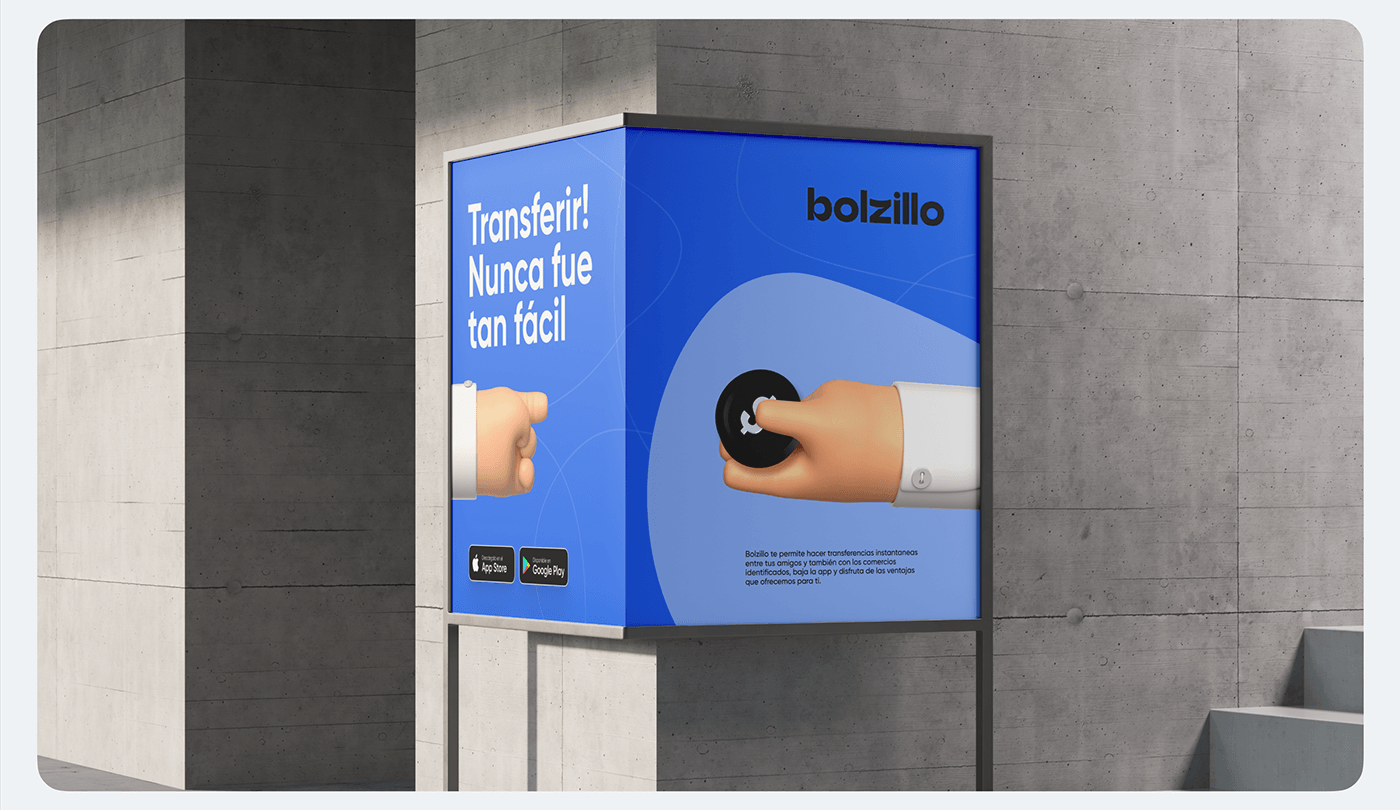 Billboard with wordmark, typeface, 3D illustration, call-to-action, brand color, patterns, and app s