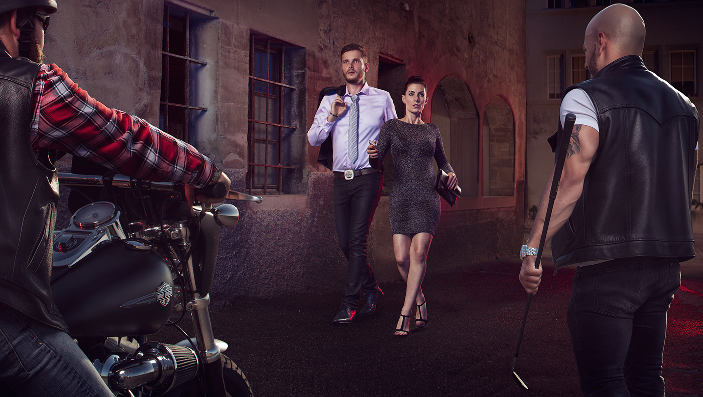 Composite concept ad jacobmuller night Gun couple biker photogrpaher inspire