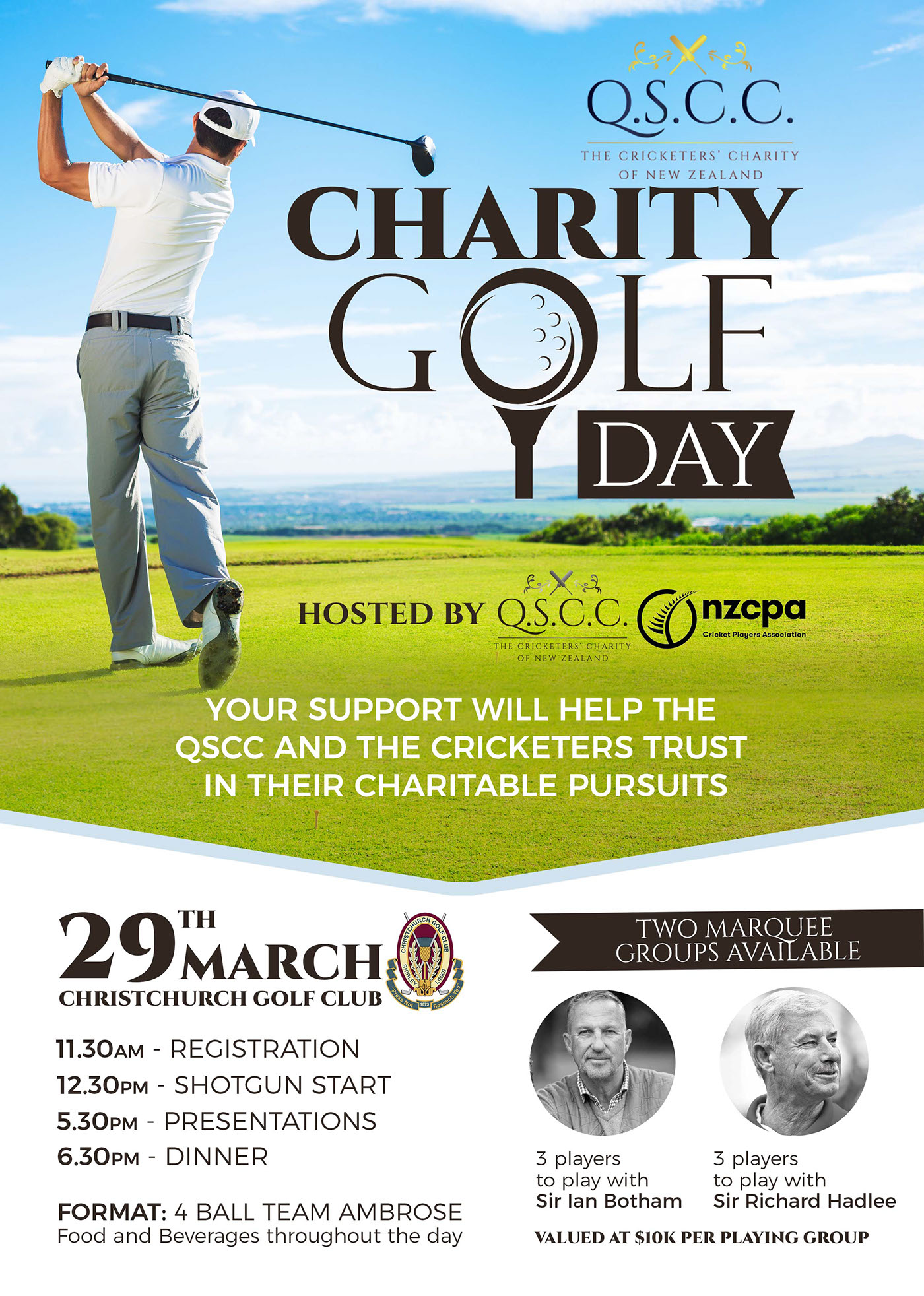 clean golf charity Event poster branding  blue green White Christchurch