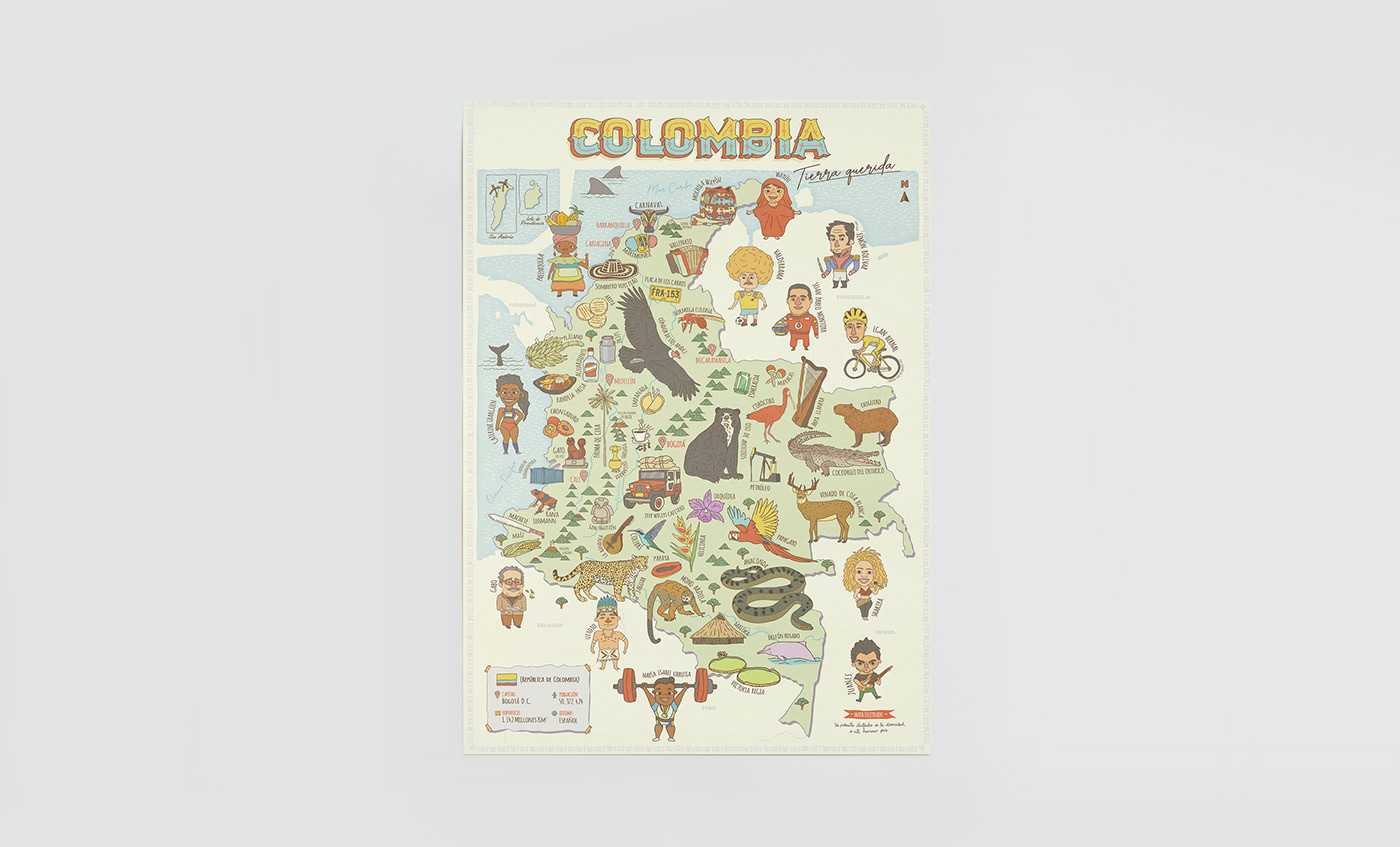 atlas Character colombia map mapa poster Tropical bear bolivar