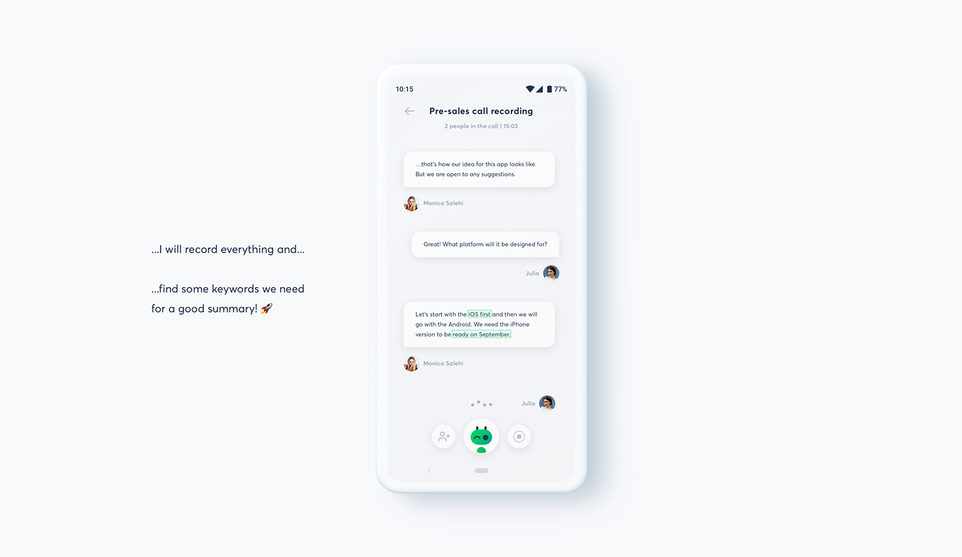 app ASSISTANT Chat Chatbot Design Sprint presales team UI lead scoring Speech Recognition