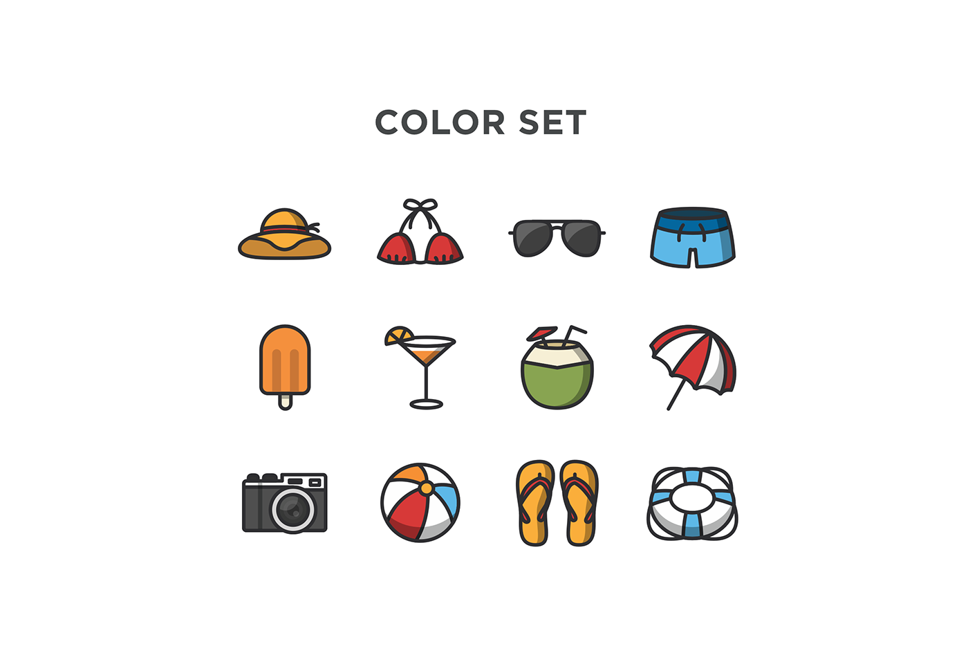 free icons free download Icon flat summer Summer icons hat drink sunglass camera UI