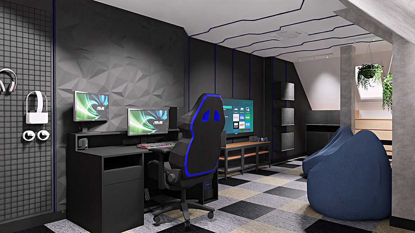 3D architecture game room indoor interior design  modern monika pietras Render teenage room design visualization