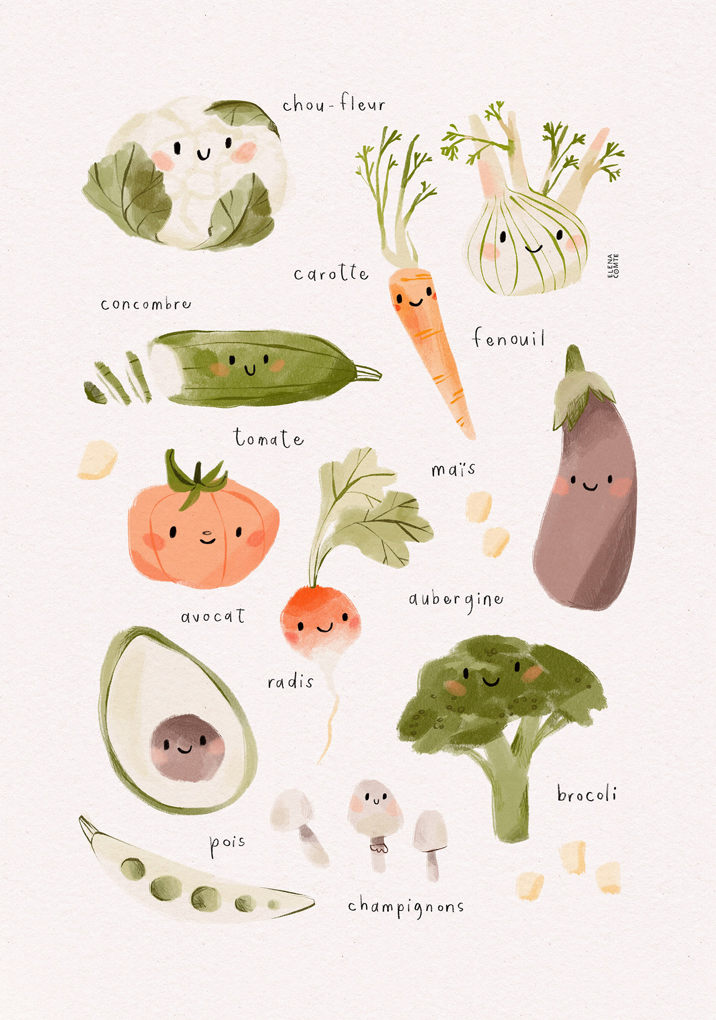 Collection of adorable vegetables with faces painted illustration for children.
