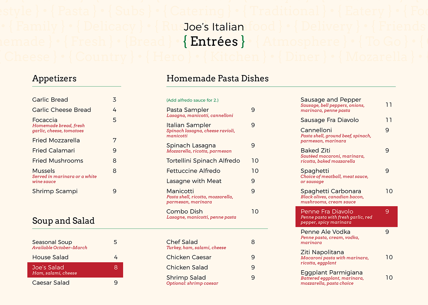 menu italian negative space joe's Conroe texas typography  