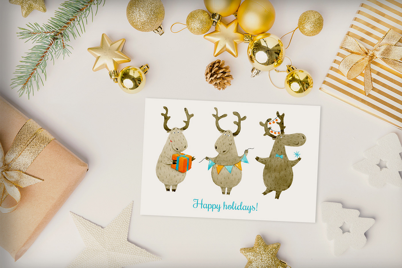 cards cartoon Character Christmas deer Drawing  new year pattern watercolor wrap paper