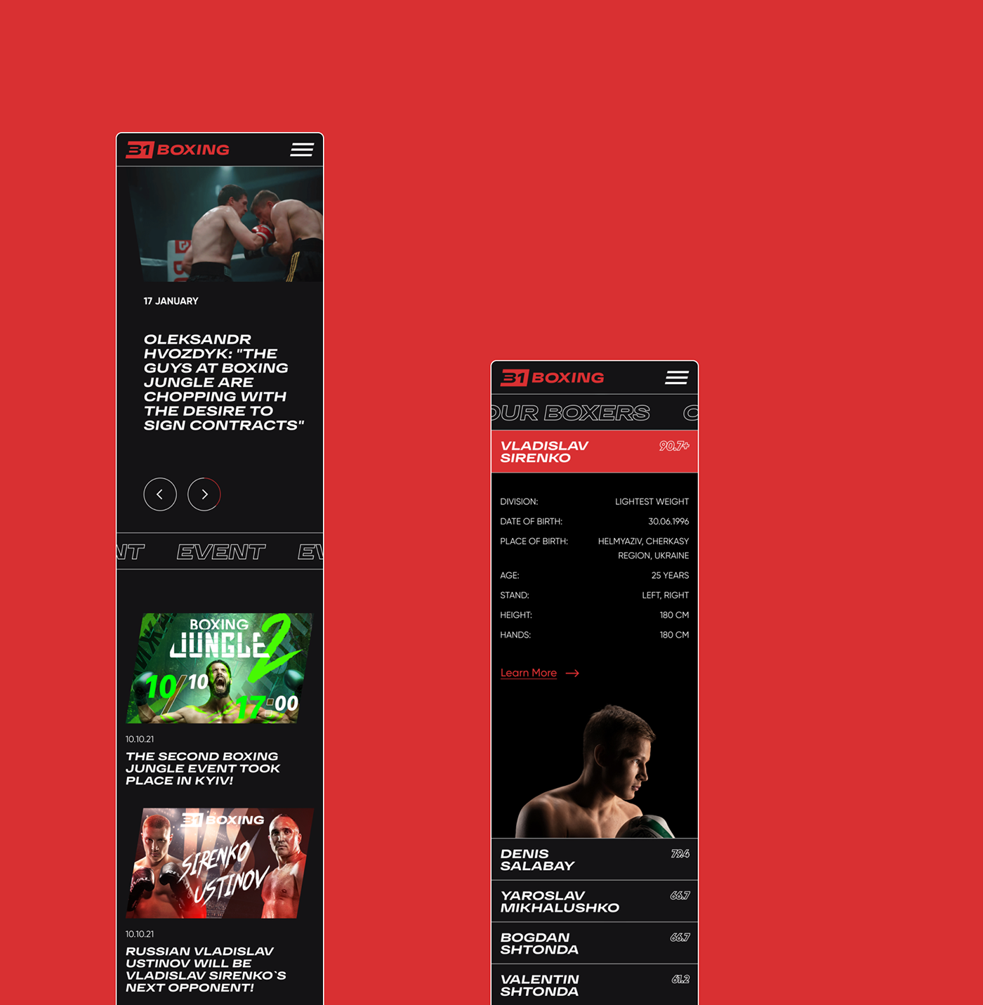 Boxer Boxing dark grid horizontal scroll modern news sports typography   Web