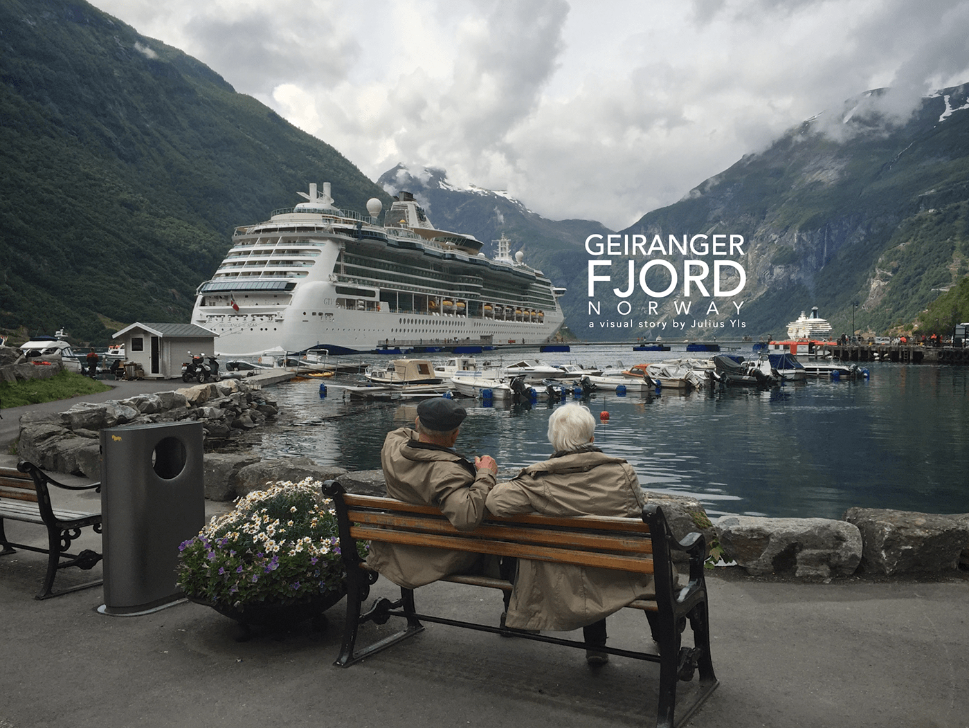 A senior couple relax while watching their cruise ship in Geiranger Norway