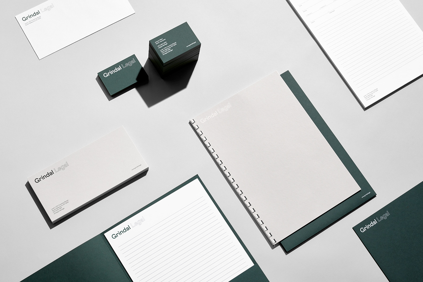 business card letterhead notepad envelope lawyer legal Racing Green colorplan consistent confident