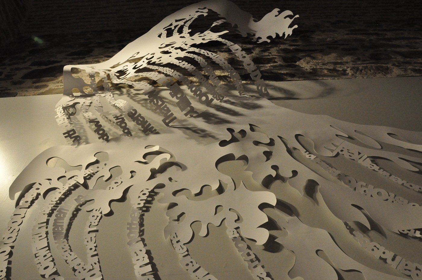 letters visual poetry Katsushika Hokusai White 3D The Great Wave hand cut installation insitu paper