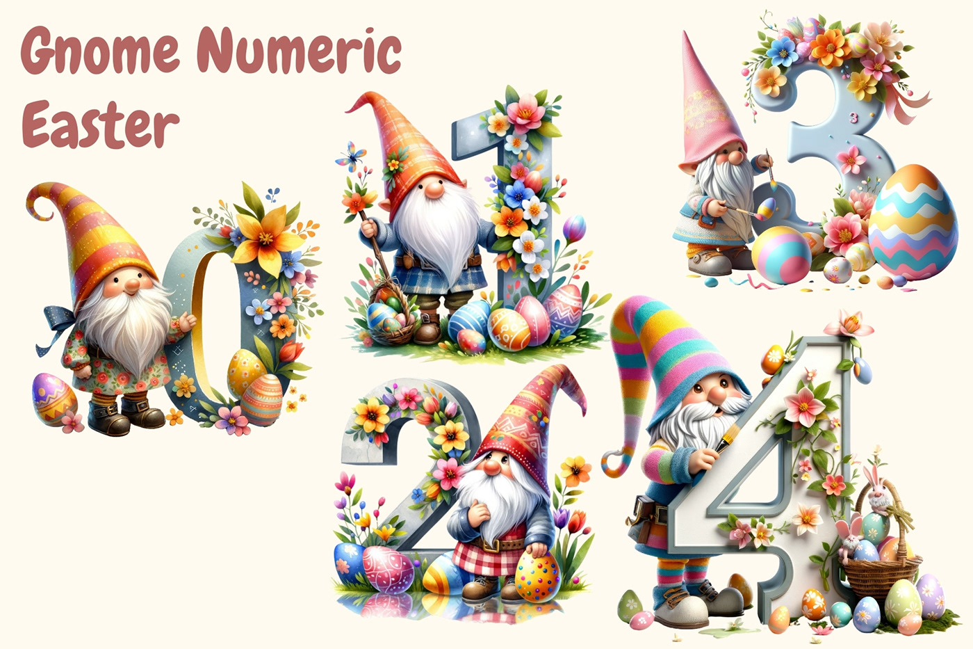 numbers watercolor gnome Easter