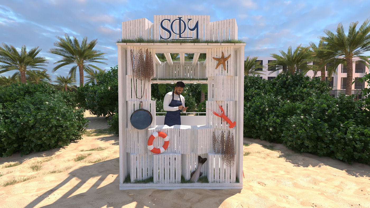 beach booth design design exhibition stand fesh logo sea Soly summer water