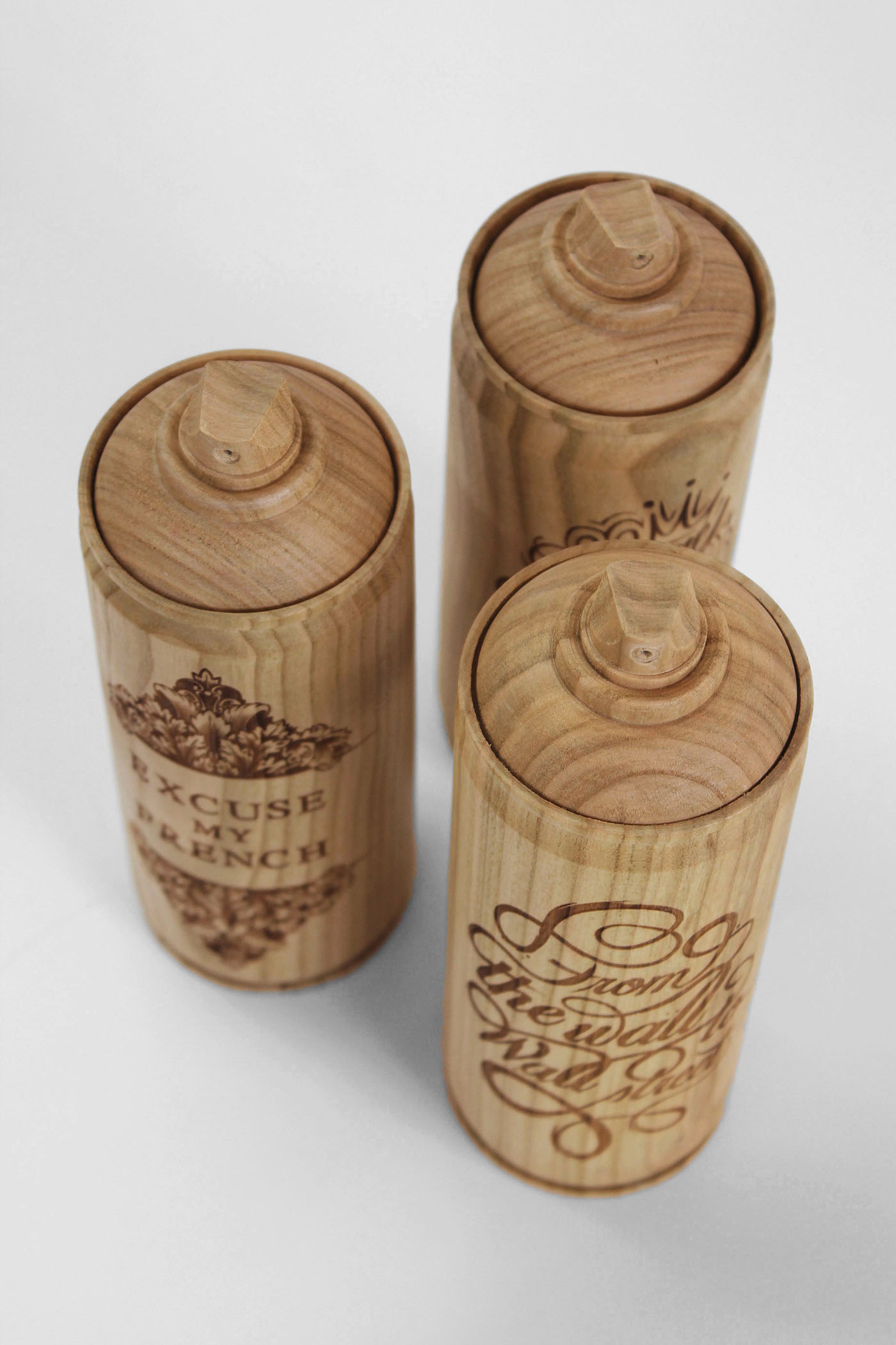 malet zics London wood wooden spray cans carving laser engraving excuse my french gift design decoration Interior art toy bois