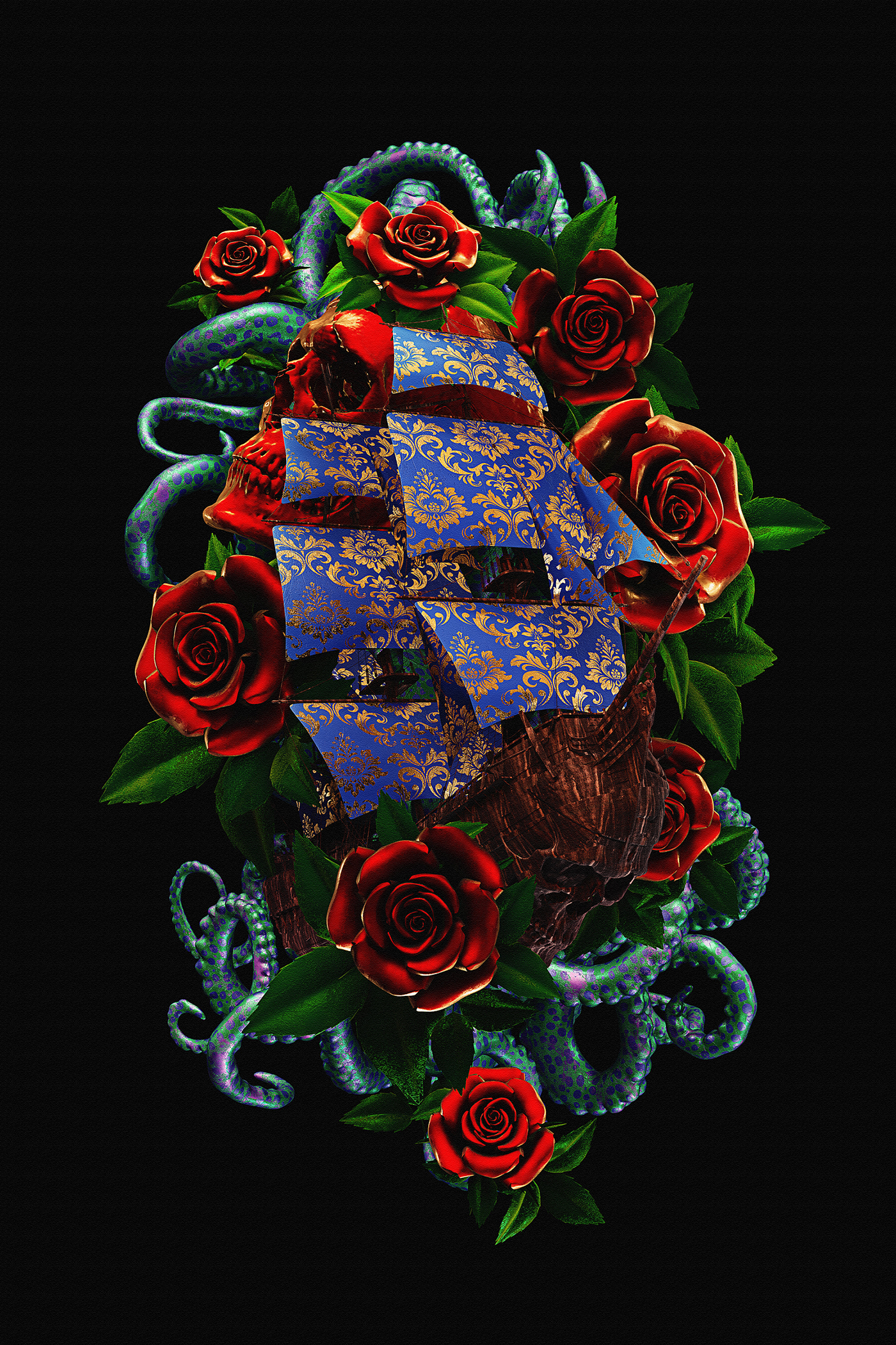billelis tattoo ILLUSTRATION  navy vintage rose skull 3D Digital Art 