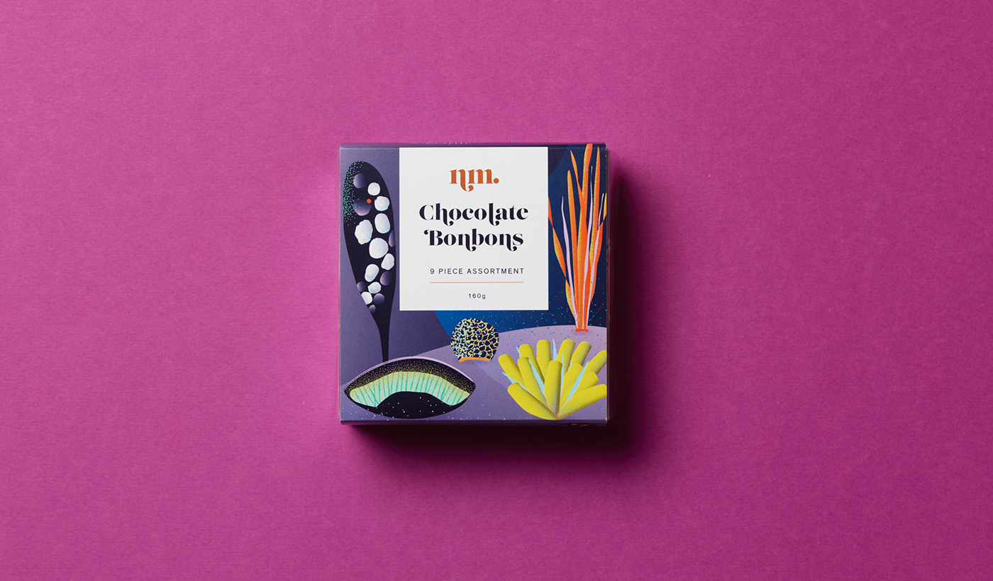 bonbons chocolate colour graphic design  hand crafted ILLUSTRATION  Packaging typography   underwater