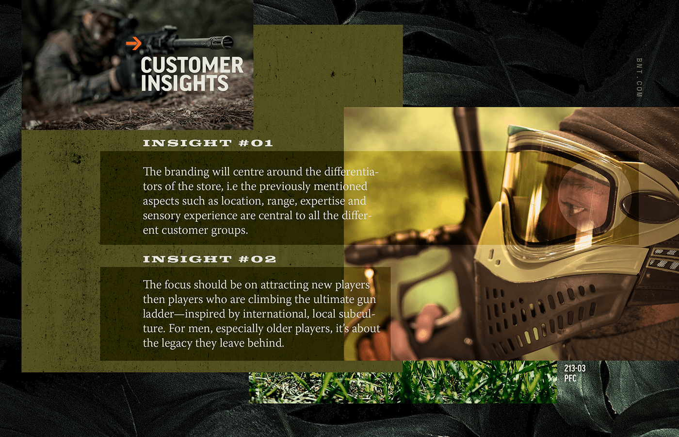 A collage presenting customer insights for gun branding, focusing on location, range, and expertise.