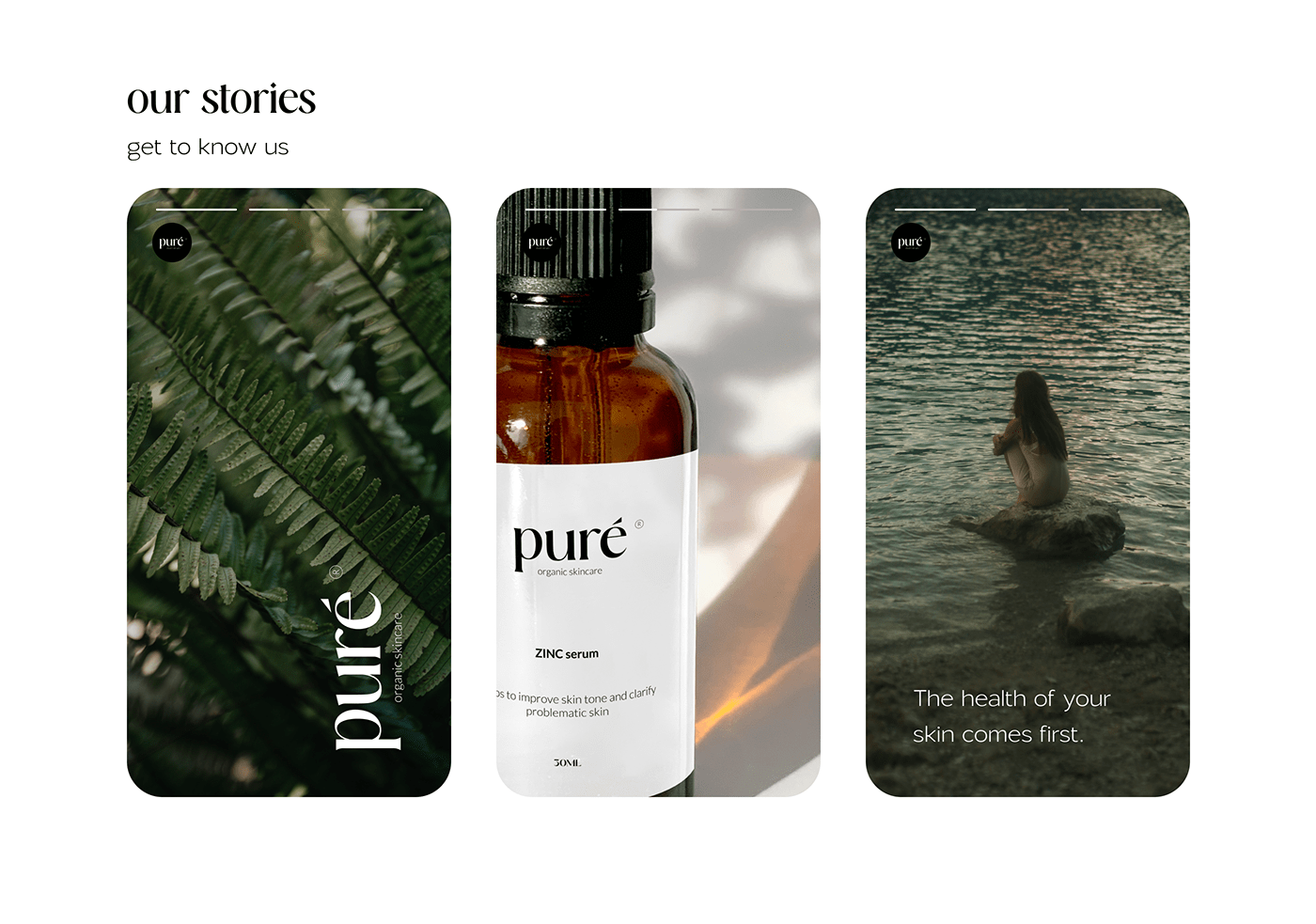 Pure organic nature infused skincare company branding - logo, colors, products, visual materials.