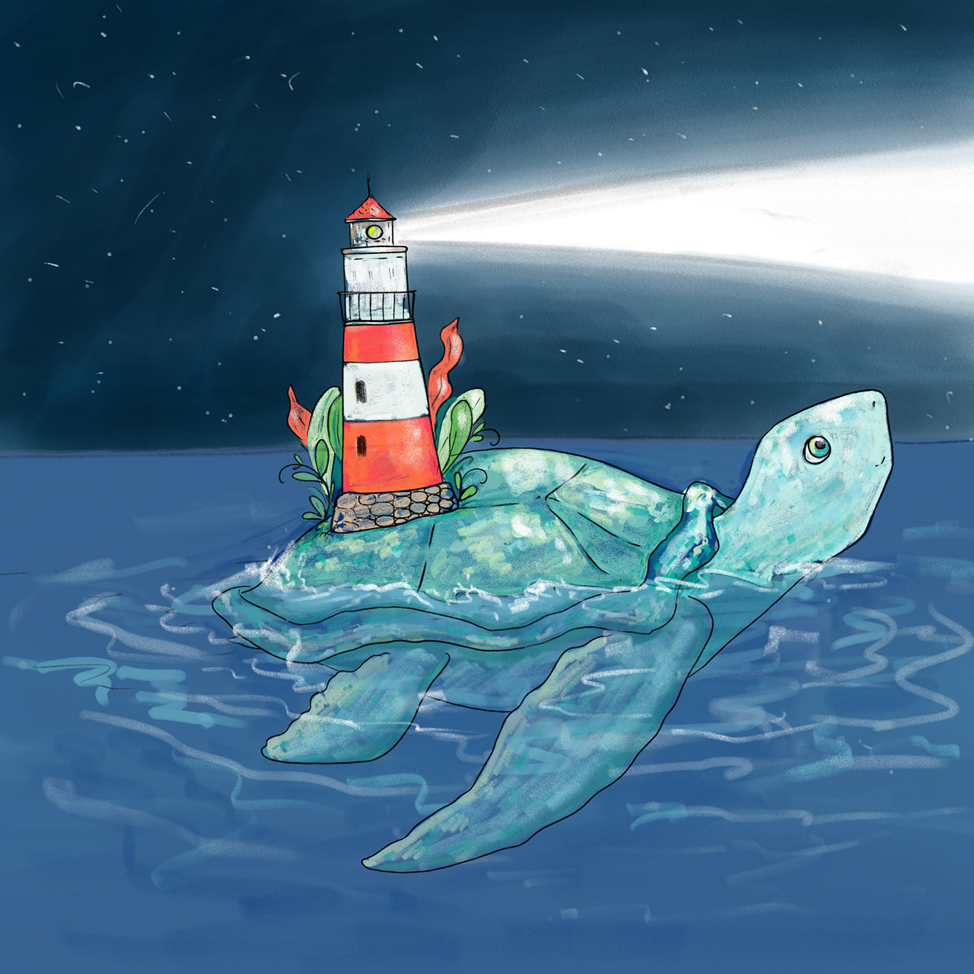 book illustration cartoon characters Digital Art  ILLUSTRATION  night sea sea turtle with lighthouse