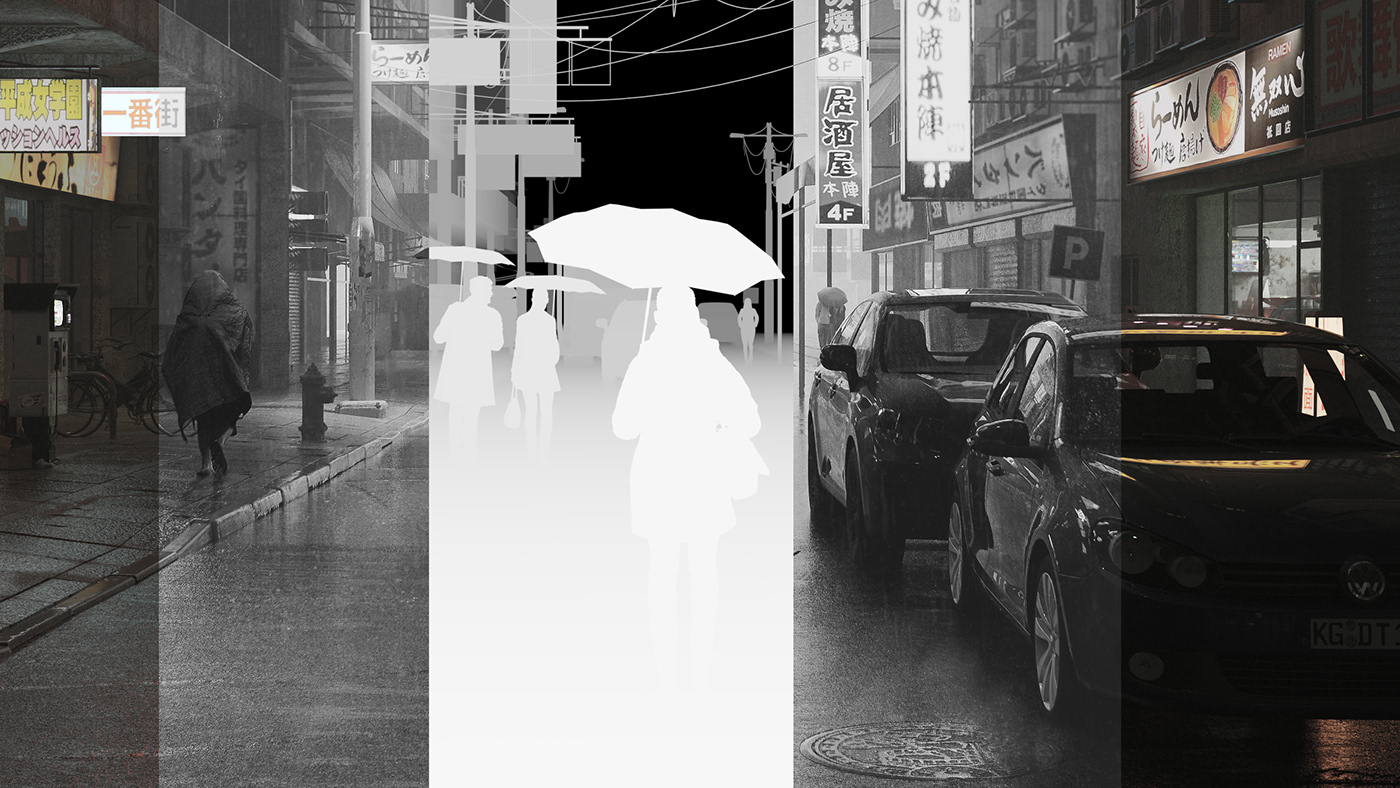 3D archviz CGI corona render  coronarenderer ILLUSTRATION  night rain Street visualization