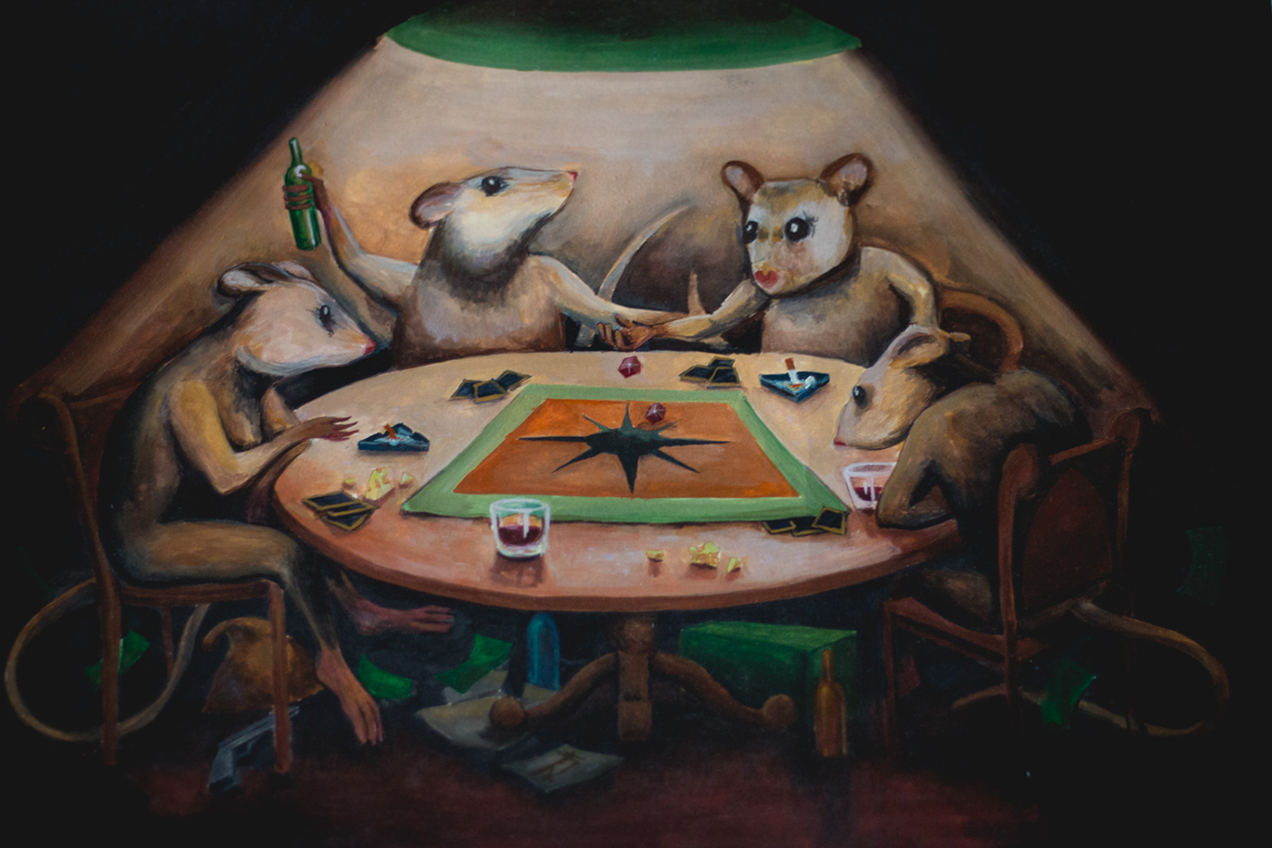 ILLUSTRATION  mouse mice gambling cards board game casino dice dark watercolor