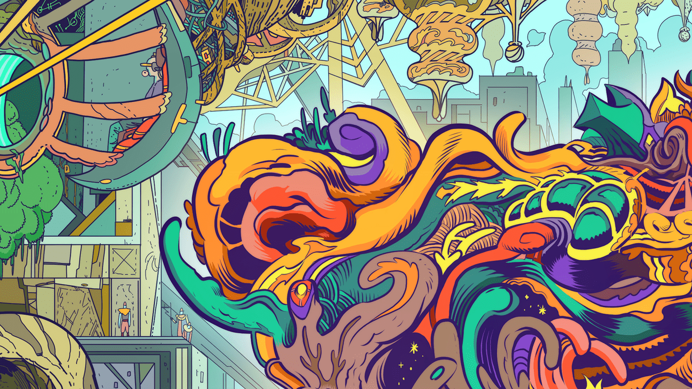 ILLUSTRATION  psychedelic Mystic temple details line art tiger animal